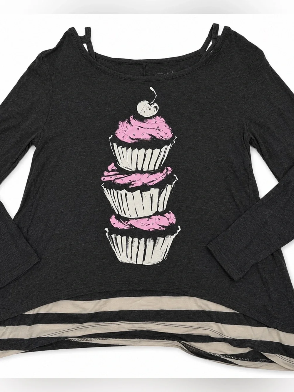 JUSTICE Cupcake Long Sleeve Tee Girls Size 10 Gray Pink Rhinestone Graphic Shirt